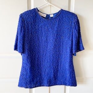 Vintage Laurence Kazar New York Royal Blue Silk Beaded Short Sleeve Blouse